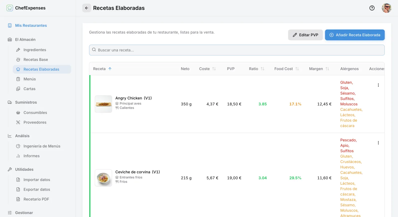 Listado de recetas con coste, food cost y margen en ChefExpenses