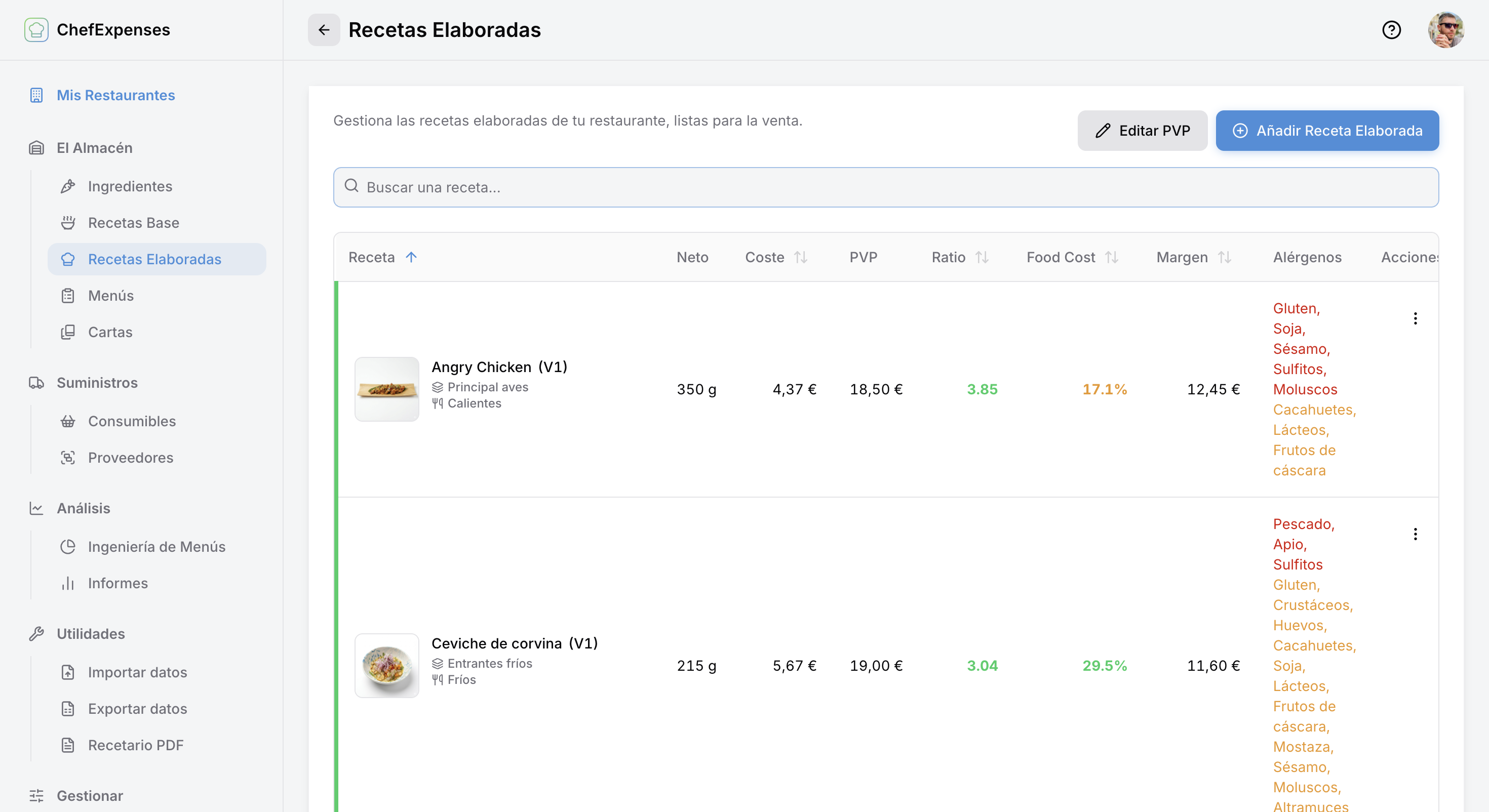 Listado de recetas con coste, food cost y margen en ChefExpenses